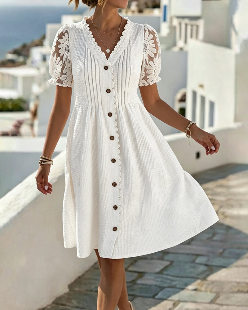 Deneke - Vestido de Patchwork Con Encaje de Girasoles y Mangas Abullonadas