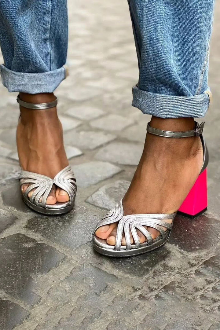 Naelle - Sandalias Brillantes Con Tacón Grueso