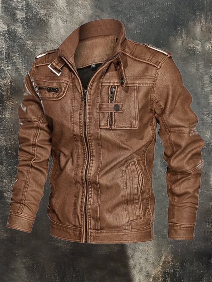Ricky - Chaqueta Vintage De Cuero Para Exterior Con Múltiples Bolsillos