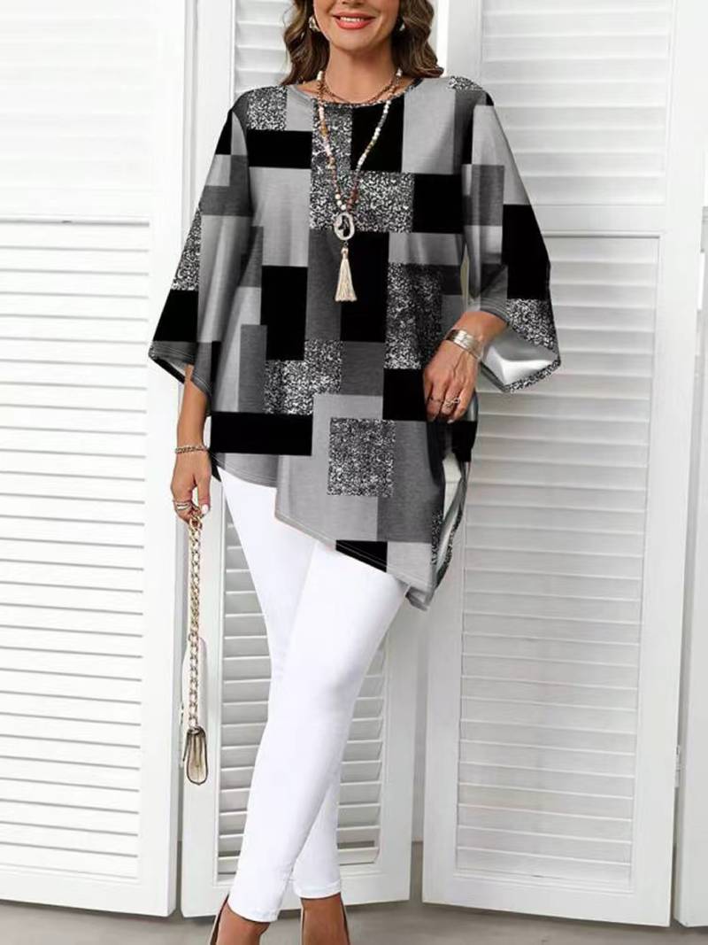 Nurit - Blusa Oversize Estampada a Cuadros Con Manga Corta