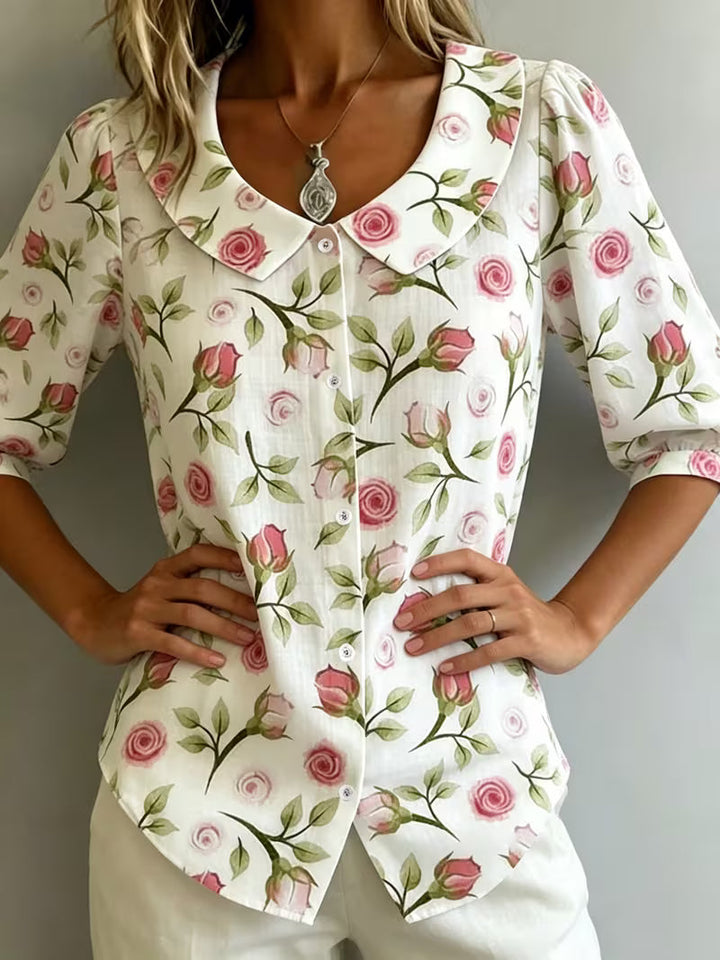Alvique - Blusa De Manga Corta Con Cuello Estampado Floral