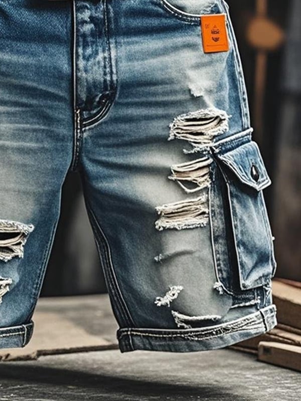 Pantalones Cortos Vaqueros Rotos Funcionales Vintage Para Hombre