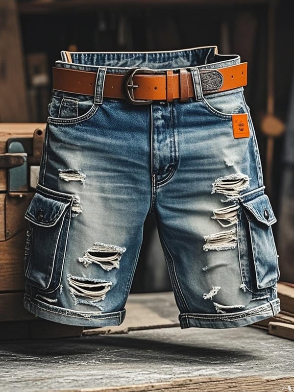 Pantalones Cortos Vaqueros Rotos Funcionales Vintage Para Hombre