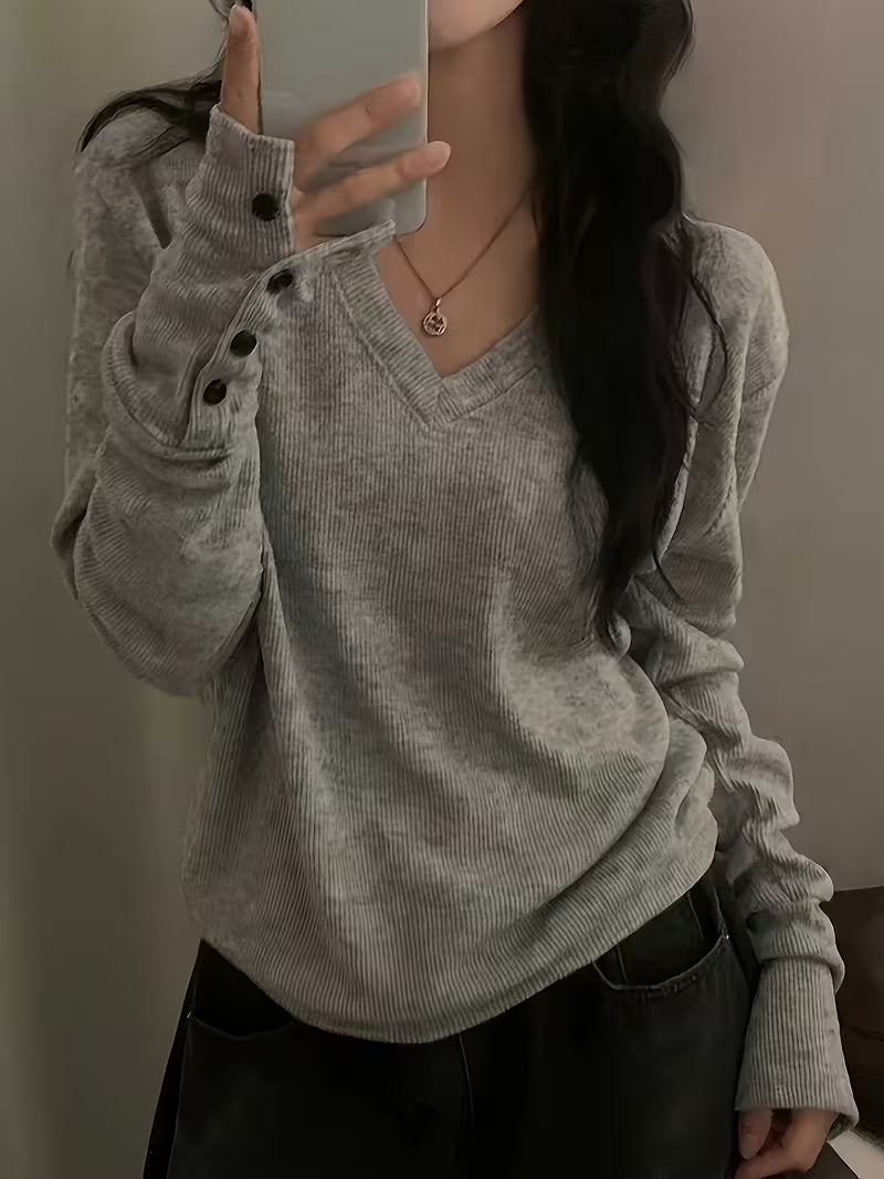 Kebina - Jersey De Cuello en V Con Puños Acanalados Y Botones