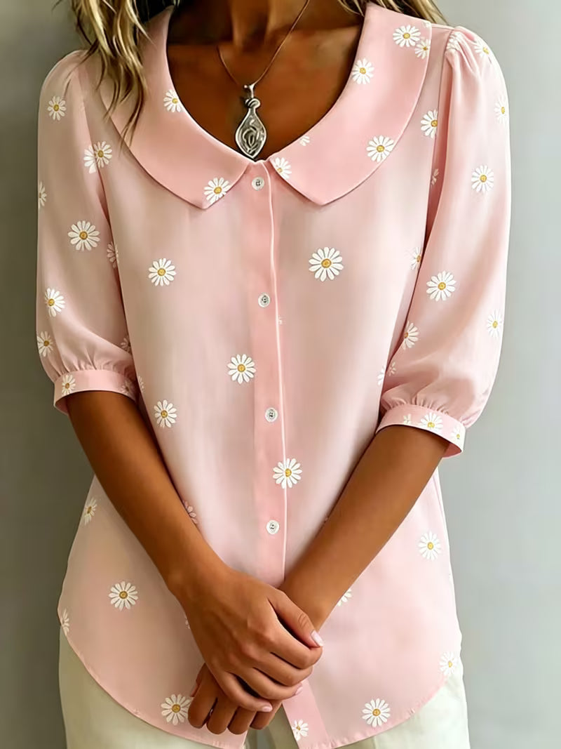 Alvique - Blusa De Manga Corta Con Cuello Estampado Floral