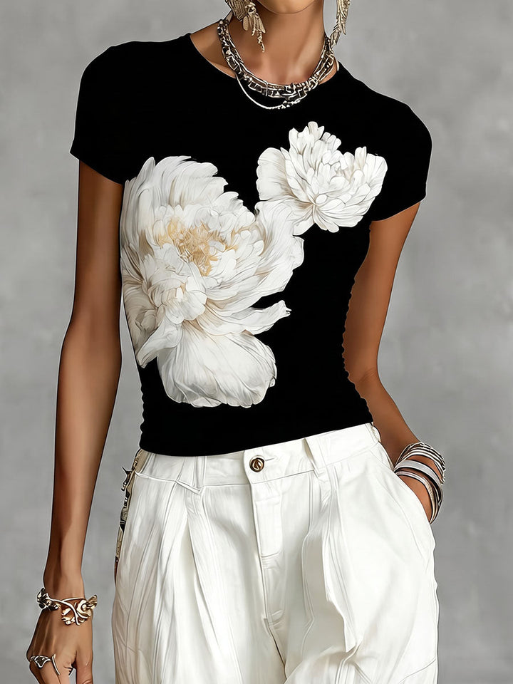Lunessa - Camiseta De Cuello Redondo Con Estampado Floral Bicolor