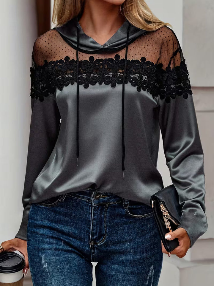 Azina - Top Elegante Con Capucha De Encaje Y Malla