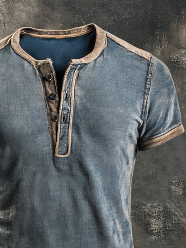 Camiseta Informal Henley Con Diseño Retro En Bloques De Color Para Hombre