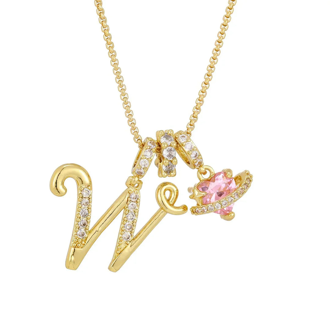 Nerute - Collar Con Inicial y Colgante de Corazón Rosa