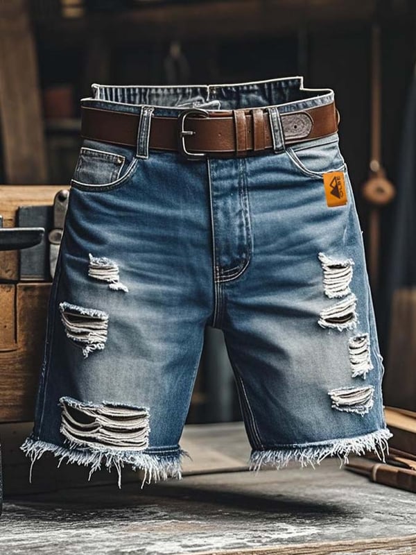 Pantalones cortos vaqueros rotos funcionales vintage para hombre