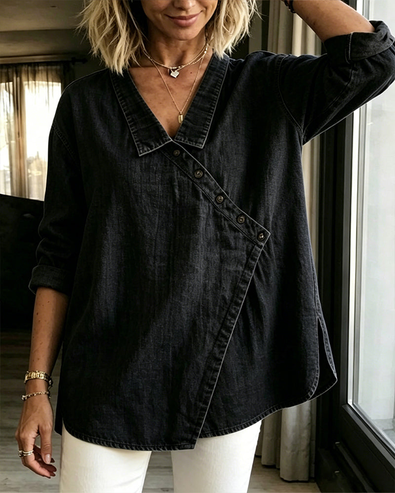 Olizia - Blusa Lisa Con Cuello Abotonado En Diagonal