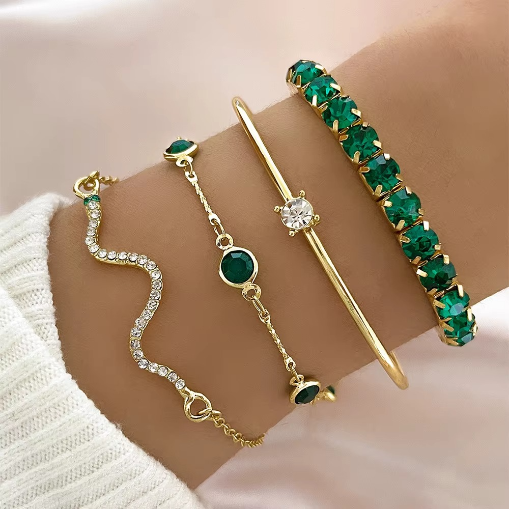 Miray - Conjunto de 4 Pulseras de Cristal Esmeralda y oro