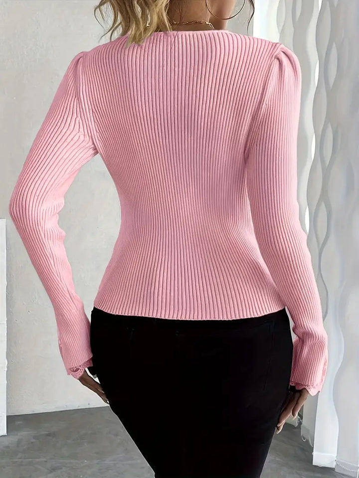 Visenna - Elegante Jersey Con Cuello en V y Mangas De Encaje