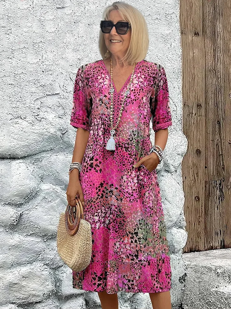 Kimano - Vestido Estampado De Manga Corta y Largo Hasta La Mitad De La Pantorrilla