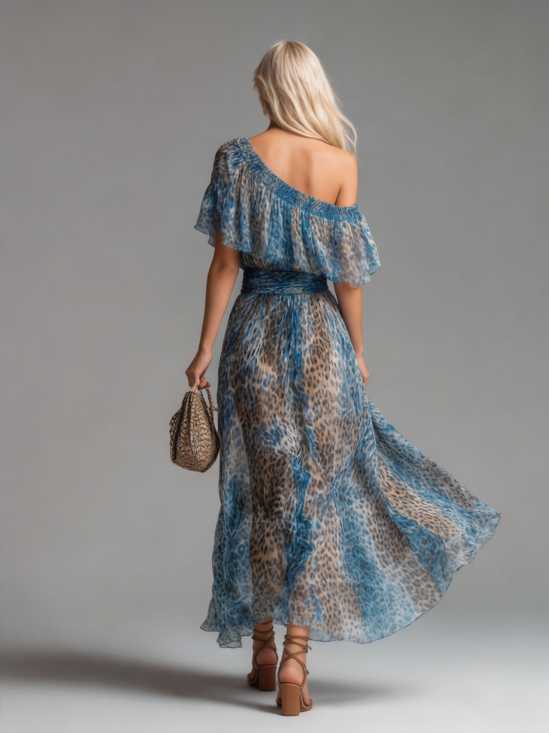 Siania - Vestido De Gasa Con Estampado De Leopardo Y Hombros Al Aire