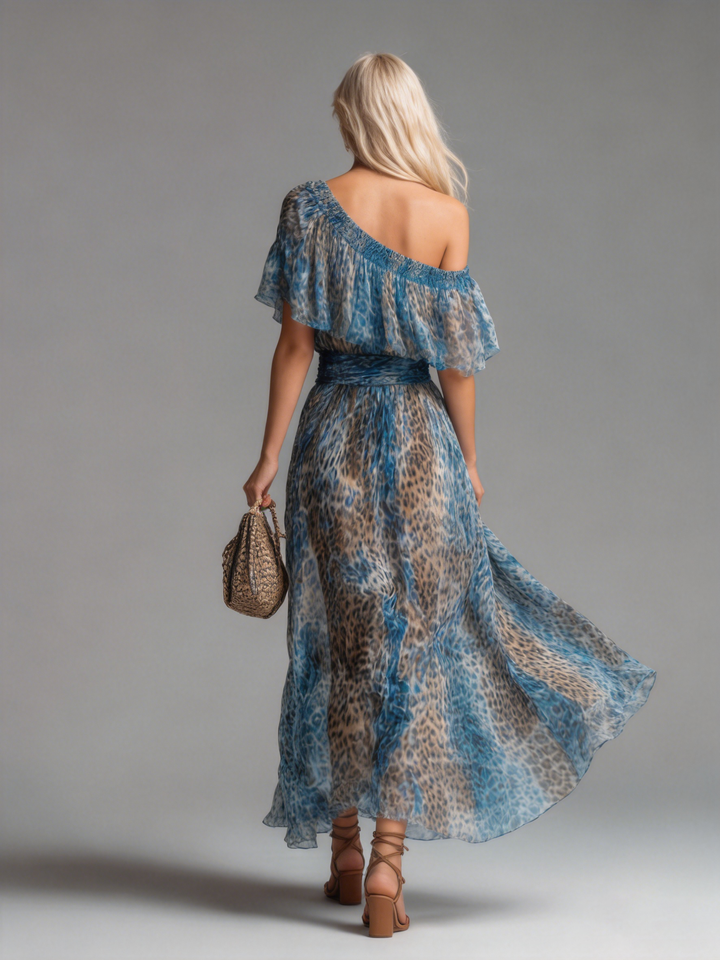 Siania - Vestido De Gasa Con Estampado De Leopardo Y Hombros Al Aire