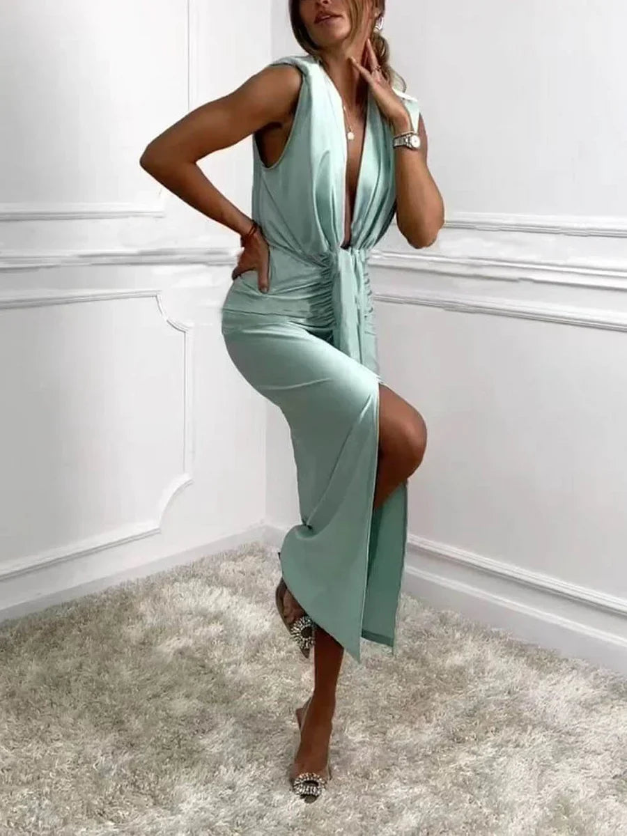 Jolira - Vestido Midi Clásico Con Abertura Drapeada Fruncida