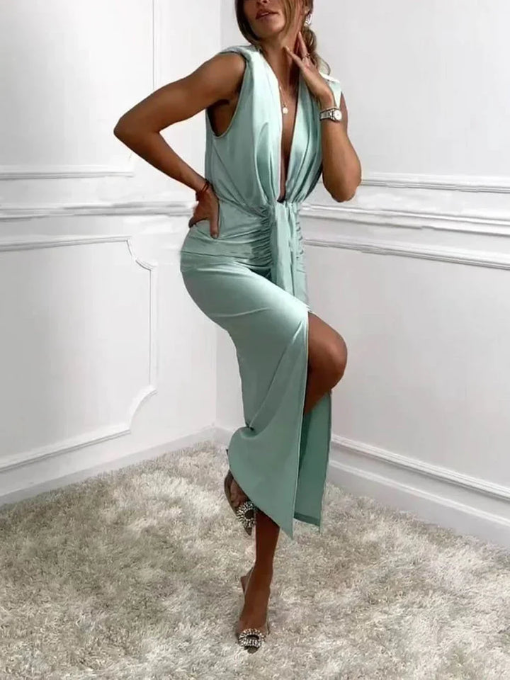 Jolira - Vestido Midi Clásico Con Abertura Drapeada Fruncida
