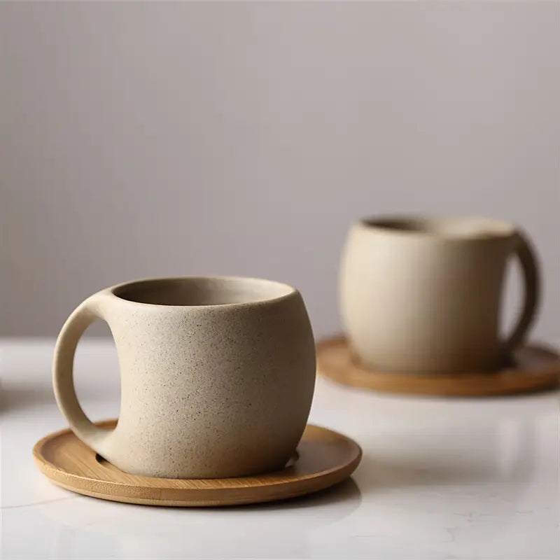 ClayHaven - Taza De Café De Cerámica Con Platillo de Madera