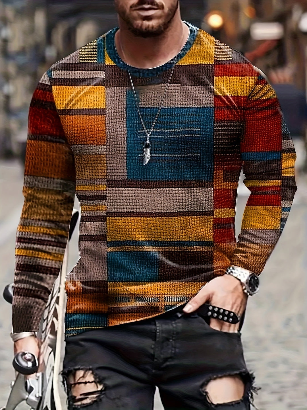 Calvin - Manga Larga Camiseta Con Patrón De Bloques