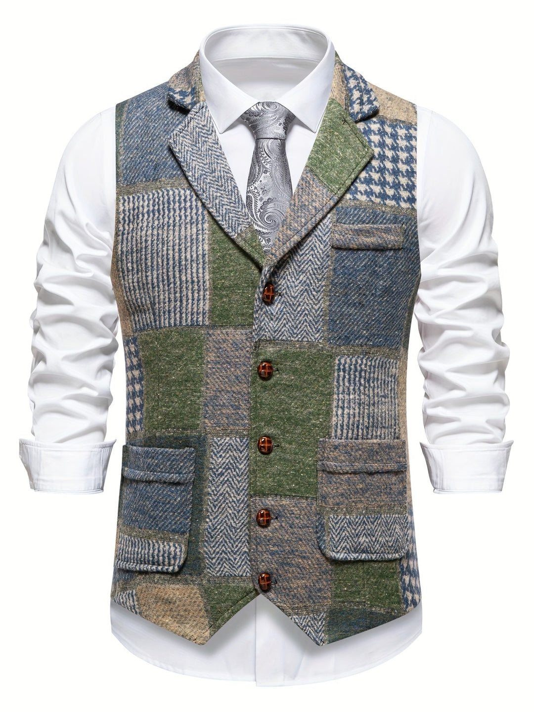Saverse - Chaleco De Tweed Con Diseño En Espiga y Patchwork