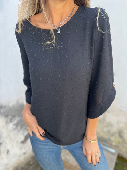 Lyutsiya - Cuello Redondo Bordado Puños Grandes Camisa Casual