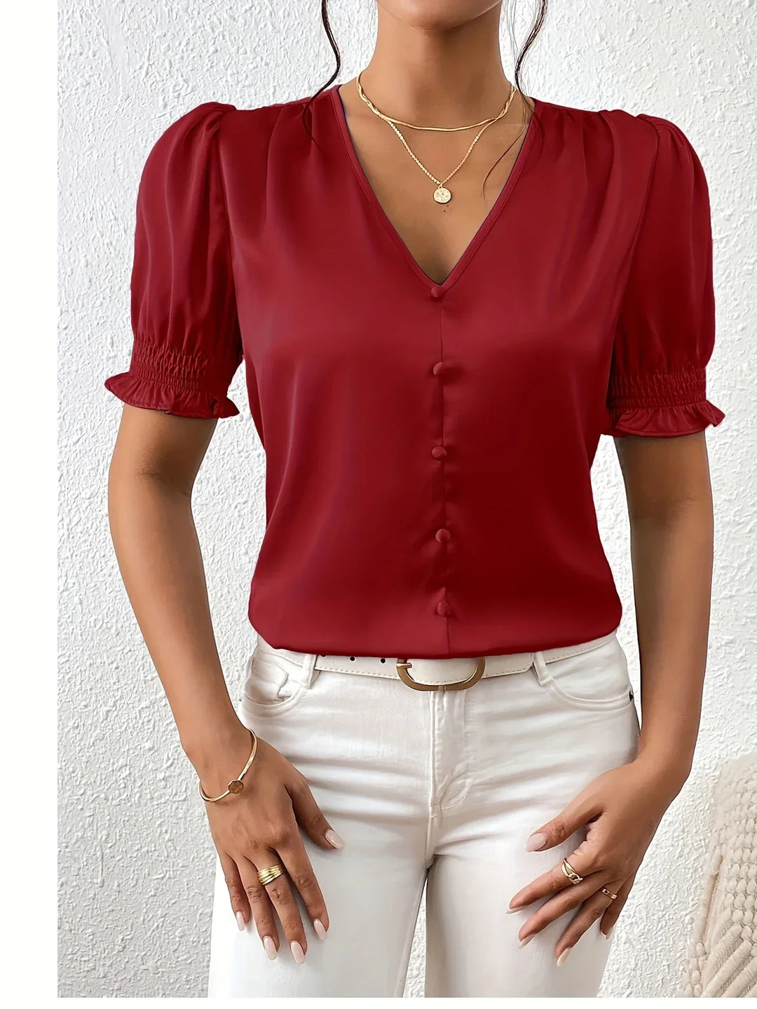 Abella - Elegante Blusa Con Cuello En V y Mangas Abullonadas
