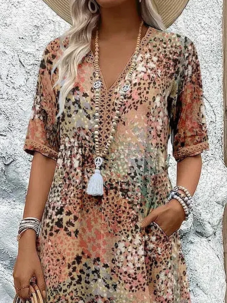 Kimano - Vestido Estampado De Manga Corta y Largo Hasta La Mitad De La Pantorrilla