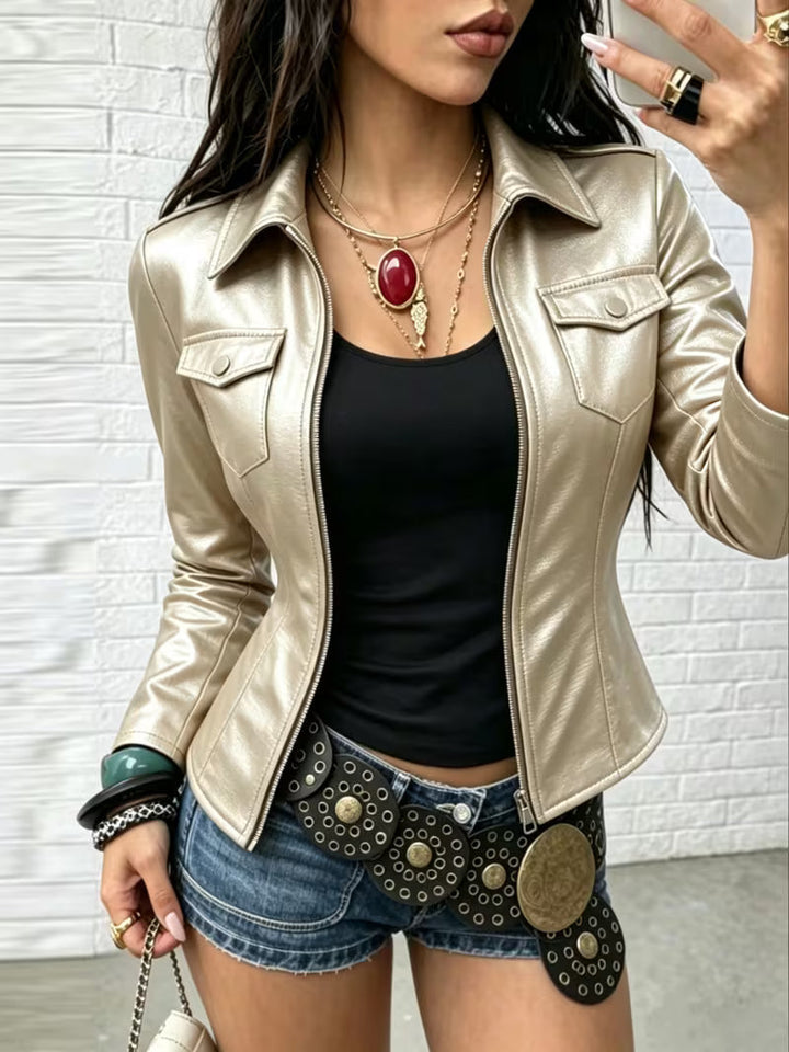 Shiona - Chaqueta De Cuero Con Bolsillos Delanteros