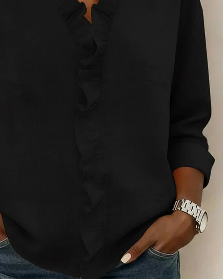 Aletta - Blusa Con Cuello En V Con Volantes y Manga Larga