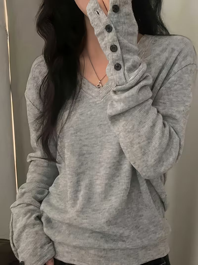 Kebina - Jersey De Cuello en V Con Puños Acanalados Y Botones
