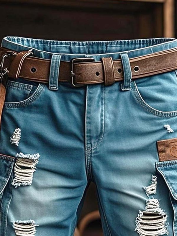 Pantalones Cortos Vaqueros Rotos Funcionales Vintage Para Hombre