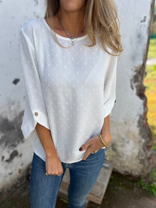 Lyutsiya - Cuello Redondo Bordado Puños Grandes Camisa Casual