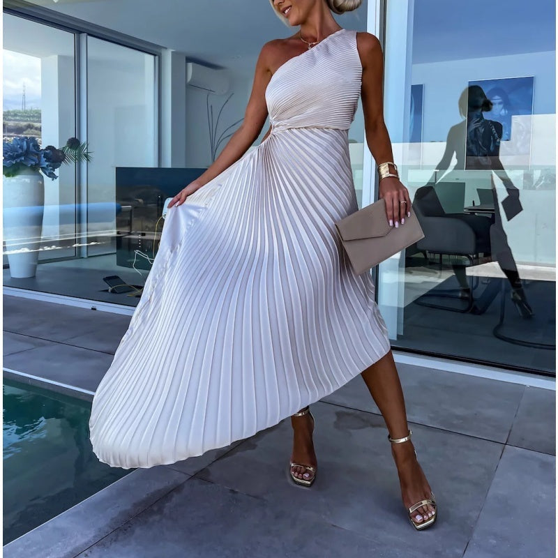 Breena - Elegante Vestido Largo Con Un Hombro Al Aire Y Plisado