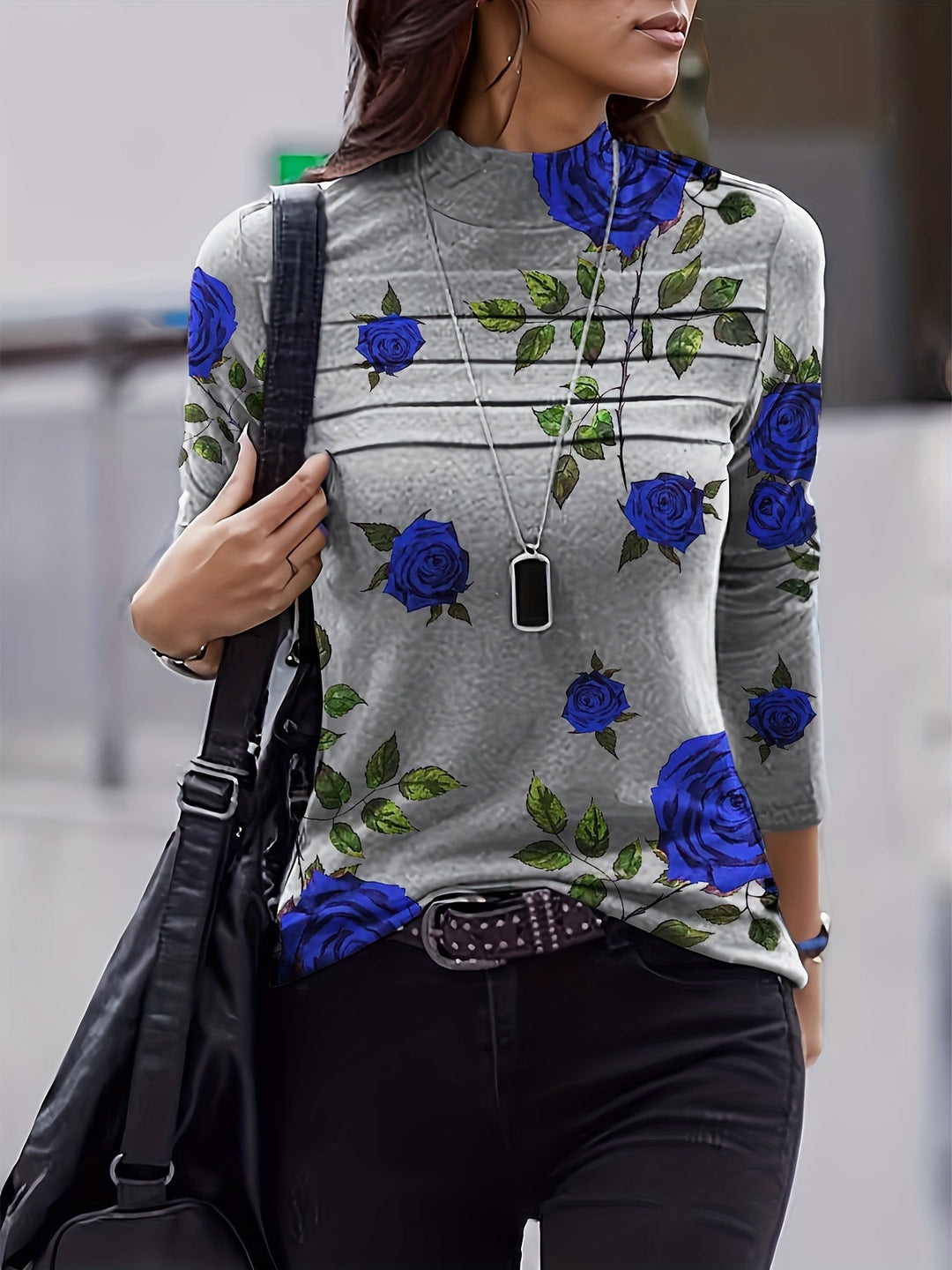 Emine - Top Estampado de Cuello Alto Con Detalle Plisado