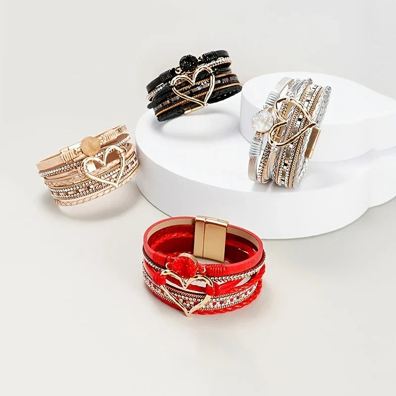 Joely - Pulsera De Cuero Multicapa Con Diseño De Corazón