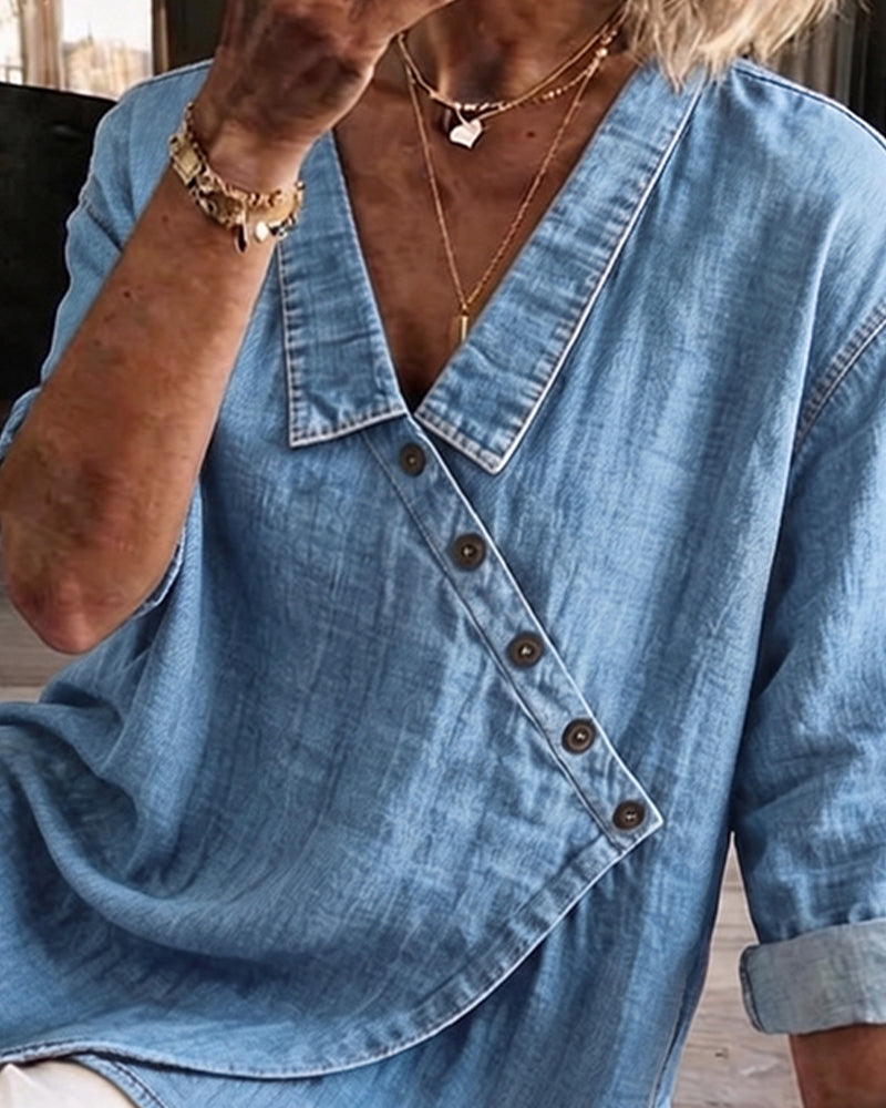 Olizia - Blusa Lisa Con Cuello Abotonado En Diagonal