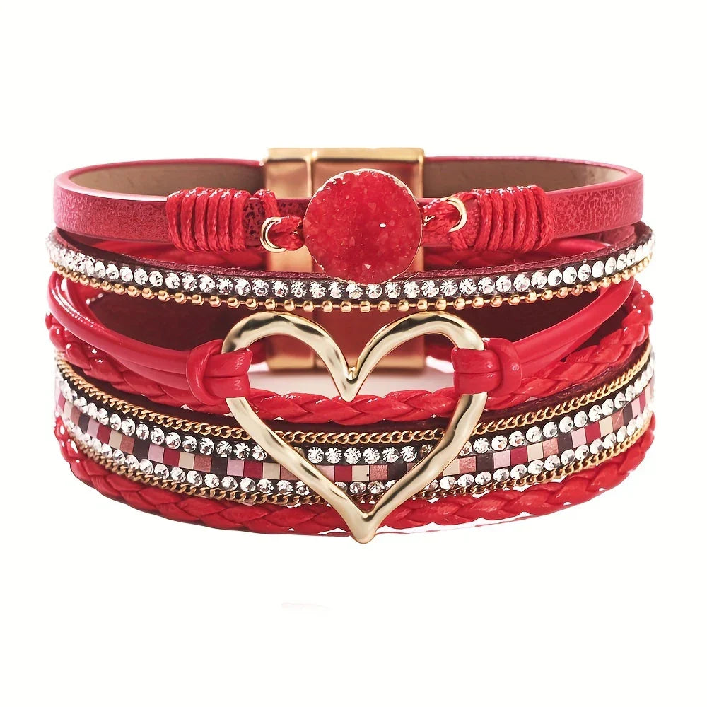 Joely - Pulsera De Cuero Multicapa Con Diseño De Corazón