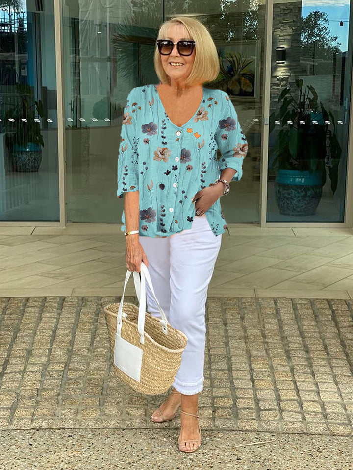 Teresa - Elegante Floral Blouse Con Botón