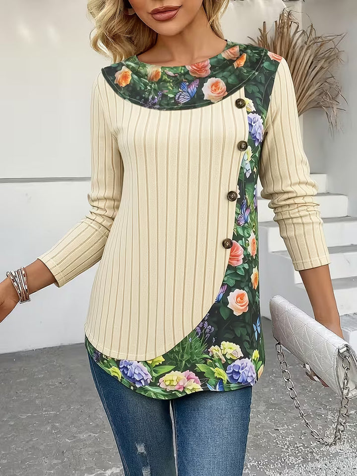 Lucynda - Top Estampado de Anga Larga Con Detalle de Botones y Diseño Acanalado