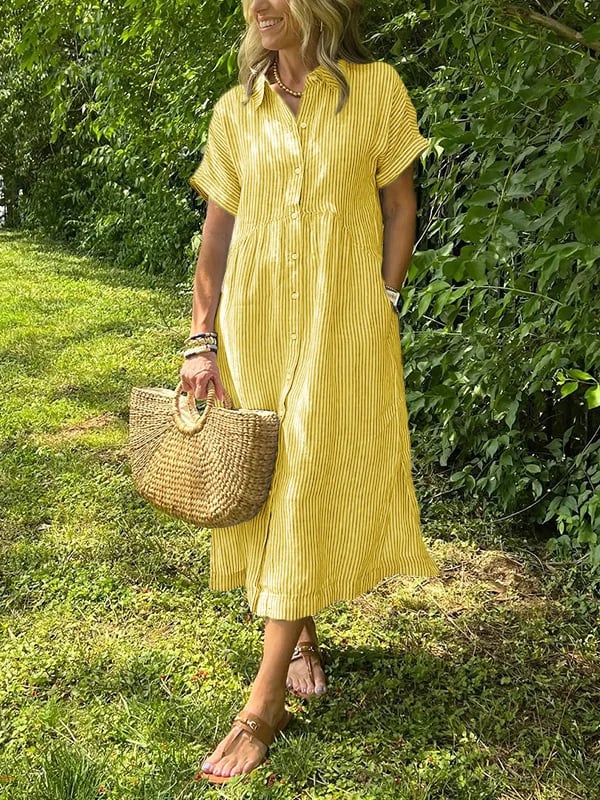 Alory - Cómodo Vestido Midi a Rayas Con Botones