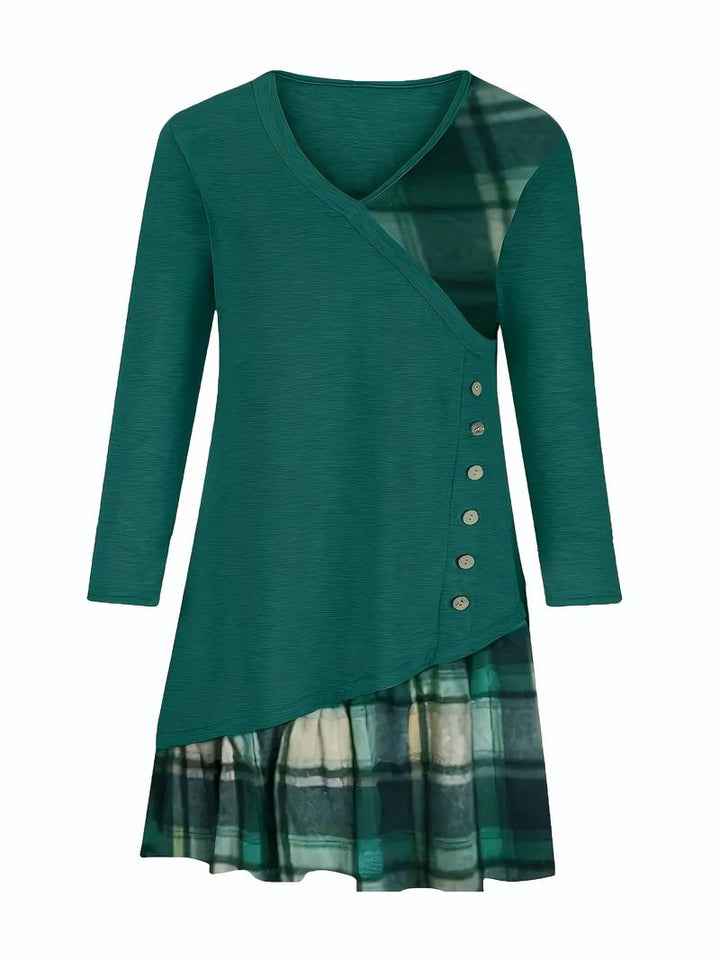 Alinor - Vestido Informal de Manga Larga Con Estampado de Cuadros y Patchwork