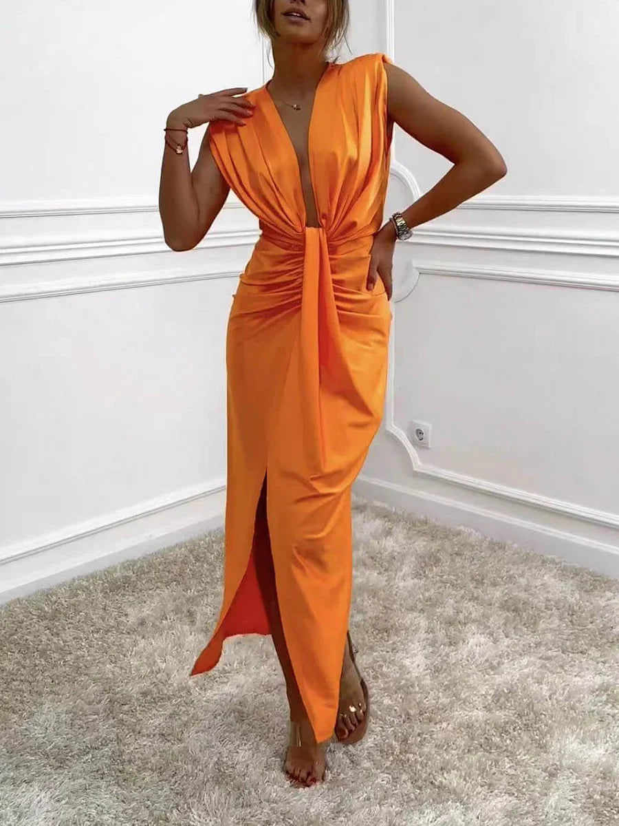 Jolira - Vestido Midi Clásico Con Abertura Drapeada Fruncida