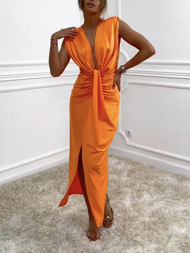 Jolira - Vestido Midi Clásico Con Abertura Drapeada Fruncida