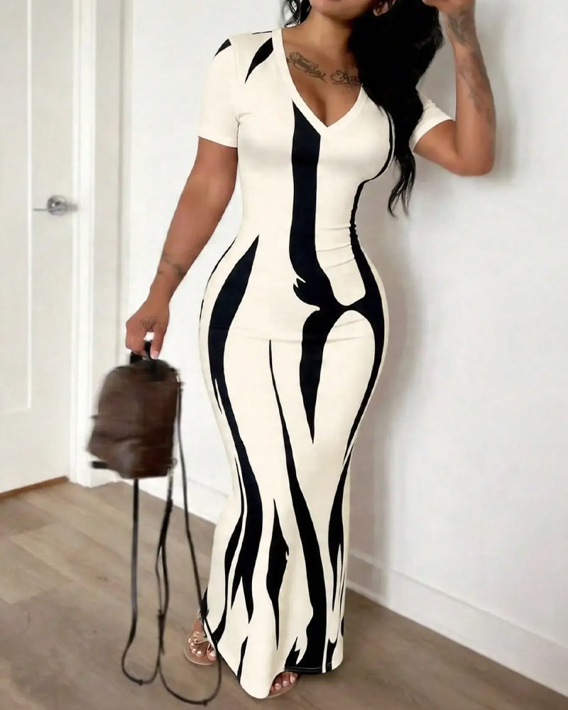 Vionia - Vestido Ajustado a Rayas Con Cuello En V