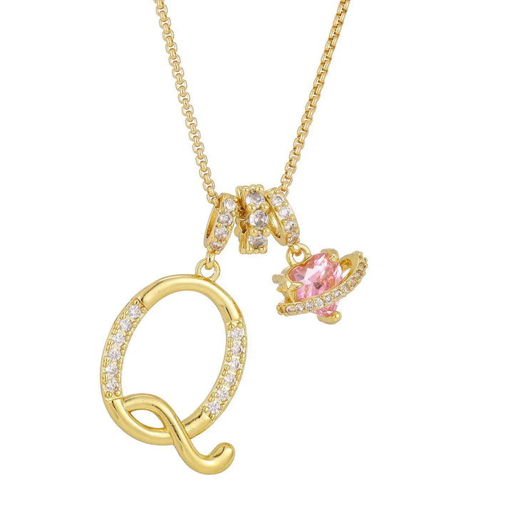 Nerute - Collar Con Inicial y Colgante de Corazón Rosa