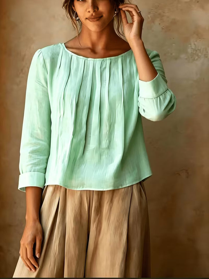 Gelina - Blusa De Cuello Redondo Con Pliegues en La Parte Delantera