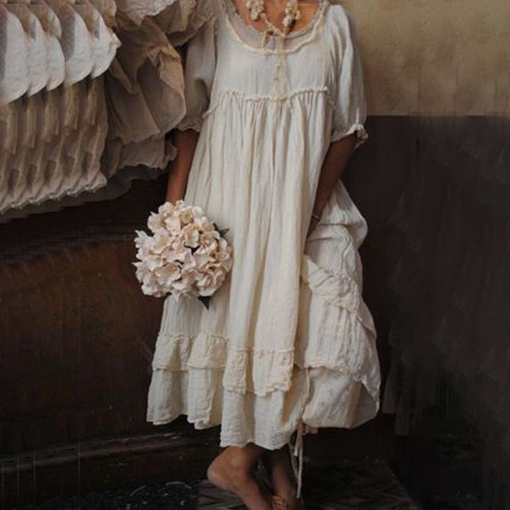 Tannaz - Vestido Cómodo Con Cuello Redondo Y Manga Corta Con Volantes