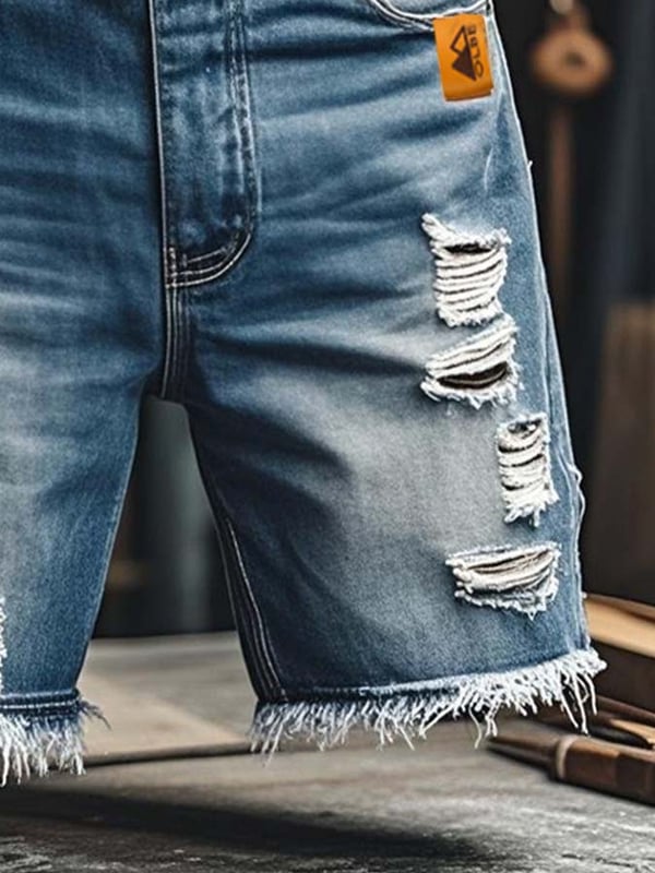 Pantalones cortos vaqueros rotos funcionales vintage para hombre