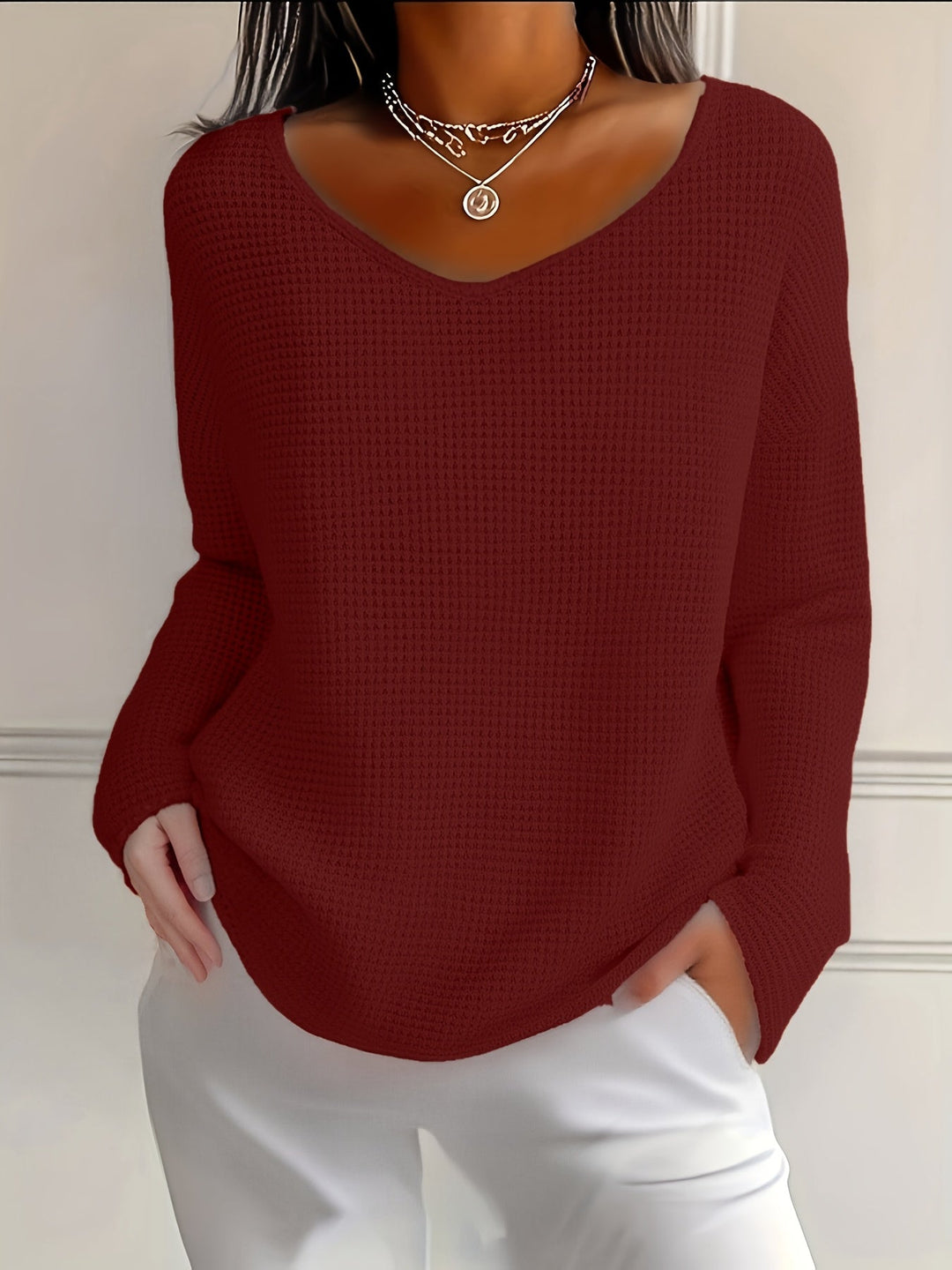 Bernice - Camiseta De Manga Larga Con Cuello en V Y Tejido Tipo Gofre